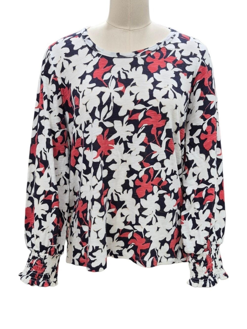 Chico's Boho top women's large black red white print jersey knit smocked cuffs